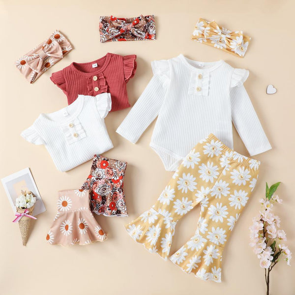 Girls Autumn Solid Color Pit Strip Romper Flared Trousers Hairband Three-piece set Wholesale Baby Children Clothes