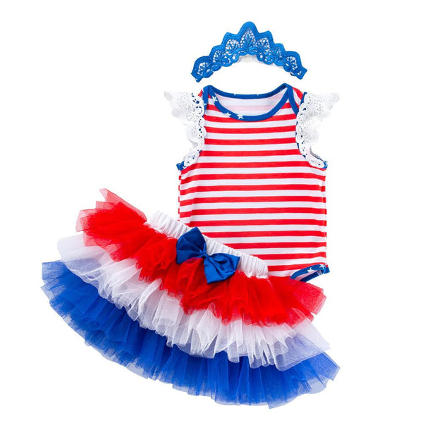 Newborn Baby Girls American Independence Day Striped Flying-sleeve Romper Three-color Skirt And Headdress Three-piece Set Wholesale Baby Clothes