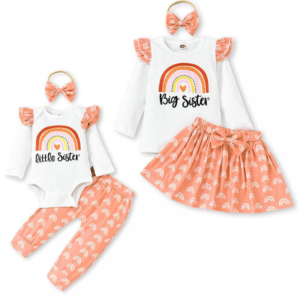 Sister Spring and Autumn Rainbow Romper Pants With Headband Set Baby Clothes Cheap Wholesale
