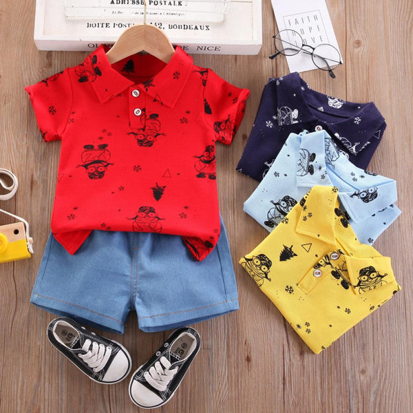 Toddler Boys Set Cartoon Printed Lapel Top Denim Shorts Leisure Set Baby  Boy Clothes Wholesale