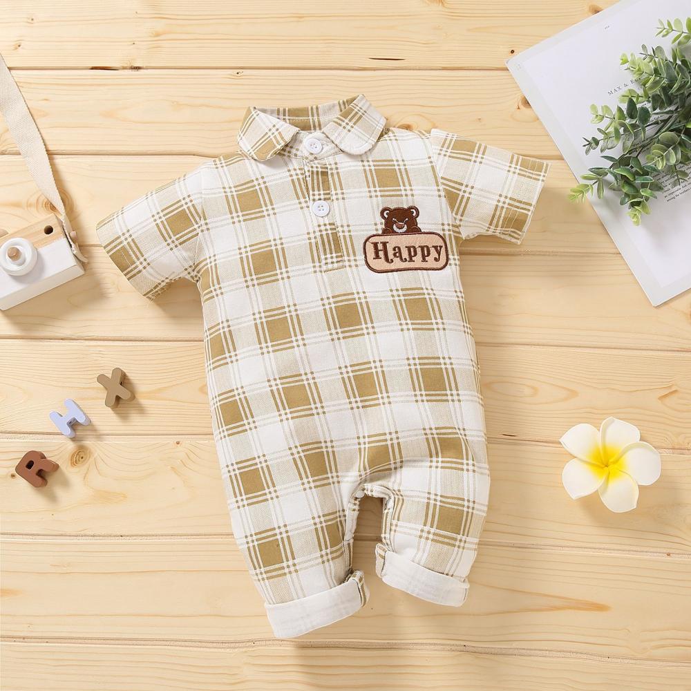 Newborn Baby Boys Summer Polo Embroidered Check Plaid Romper Baby Boutique Clothing Wholesale