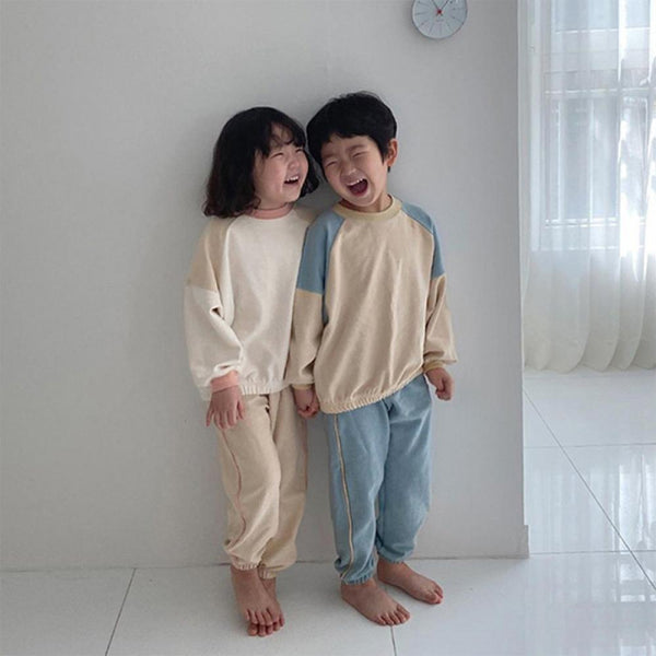 Boys Autumn Clothing and Girls Splicing Contrast Color Casual Sweater Set Wholesale Kids Clothes