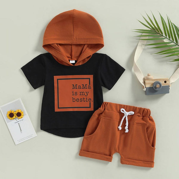 Summer Boy Letter Short Sleeve Hooded Jacket Sports Shorts Suit Wholesale Baby Clothes