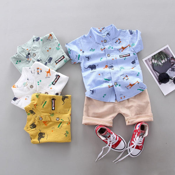 Toddler Boys Sets Summer Cartoon Print Shirt Short-Sleeve And Light Khaki Shorts Two-piece Set Wholesale Kids Clothing