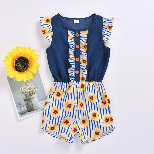 Summer Girls Jumpsuits Printed Single Breasted Flying Sleeves Jumpsuits Wholesale Girls Clothes