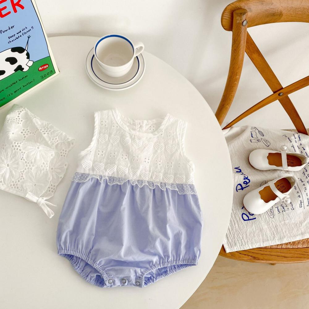 0~2Y 2022 Summer Baby Girl Baby Cotton Hollow Sleeveless Lace Stitching Bag Fart Romper Jumpsuit Wholesale Baby Clotehs