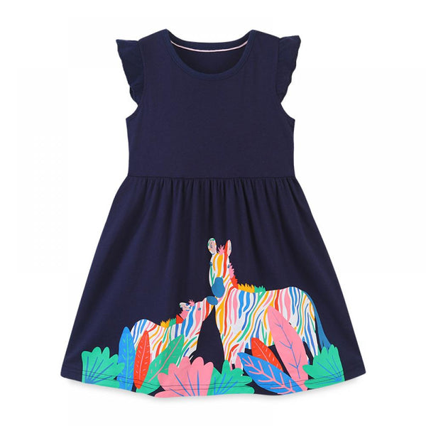 Summer Toddler Girls Dress Short Sleeve Knit Cotton Cartoon Print Princess Dress Wholesale