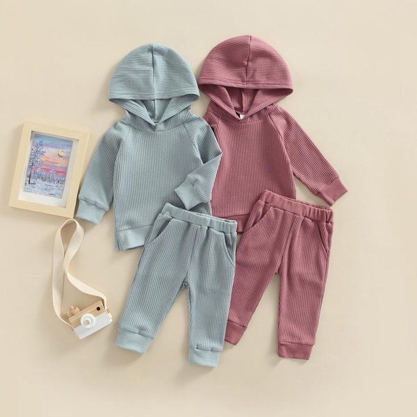 Infant Waffle Long Sleeve Hooded Sweater Pants Set Wholesale Baby Children Clothes