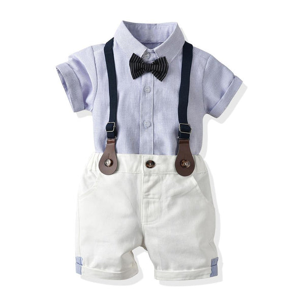 Boys School Style Shirt + Overalls + Bow Tie Three-piece Set Wholesale Boys Clothes