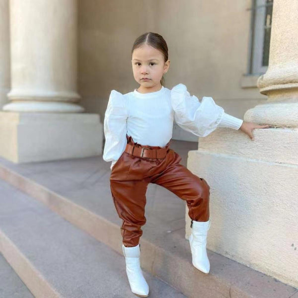 Autumn and Winter Girls Puff Sleeve + Leather Trousers Set Wholesale Girls Clothes