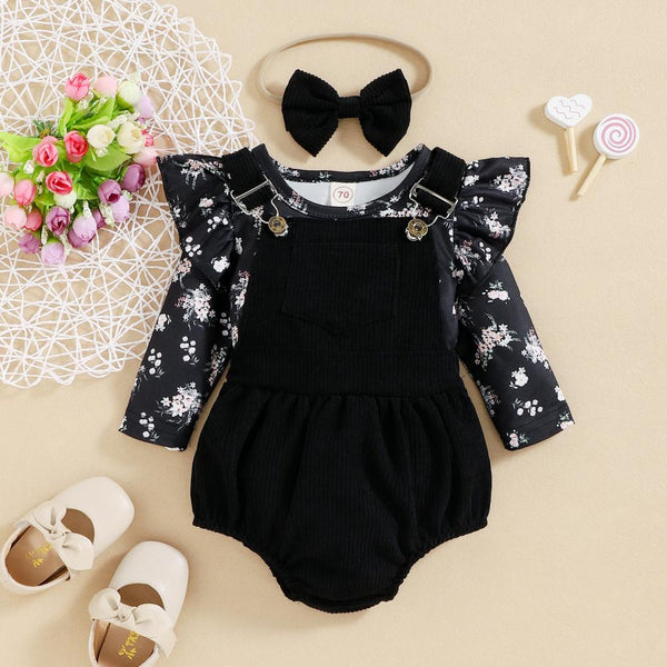 Autumn Baby Girl Printed Long-sleeved Corduroy Suspender Romper Three-piece Wholesale Girls Clothes