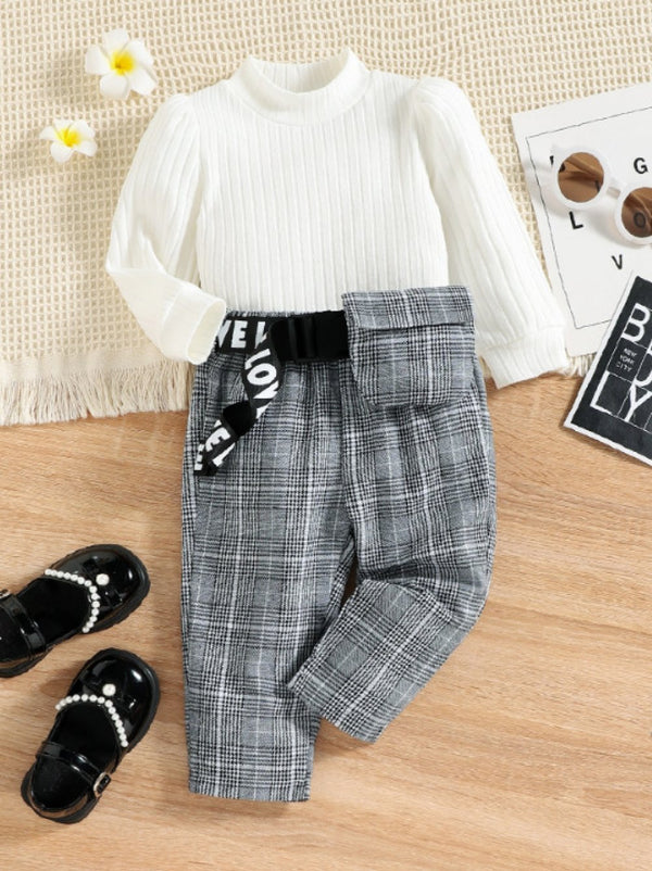 Autumn Baby Girl Pit Strip Top + Plaid Trousers + Waist Bag Set Wholesale Baby Girls Clothes