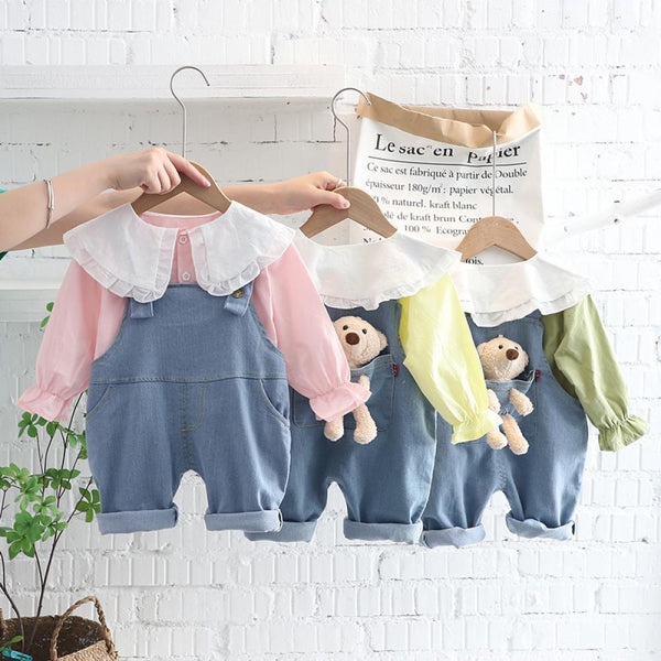 Toddler Girls Bear Top and Suspenders Set Girls Boutique Clothes Wholesale