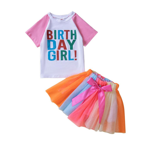 Summer Girls' Birthday Suit Short Sleeved Blouse + Rainbow Mesh Skirt 2 Pieces Set Girls Clothing Wholesale