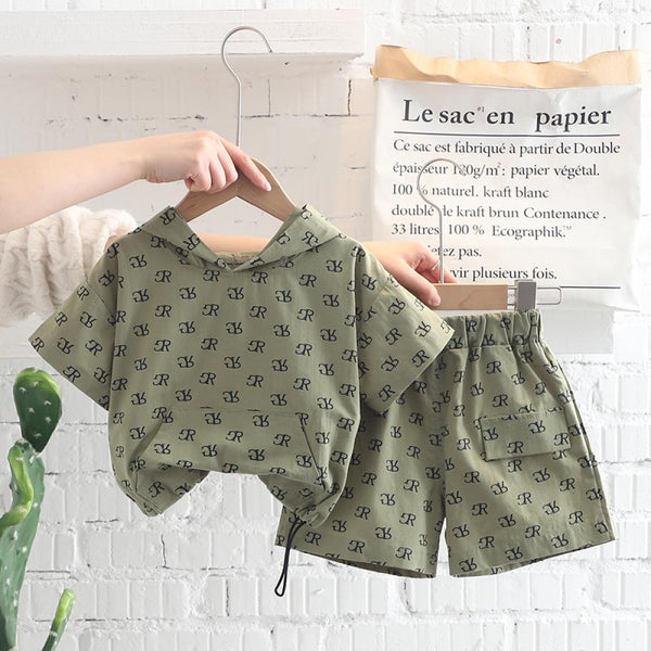 Neutrals Unisex Boys Girls Set Summer Printed Hoodie Top and Shorts Set Wholesale Boys Clothing Suppliers