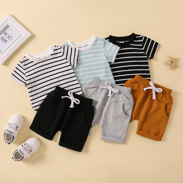Summer Striped Short-sleeved Top Solid Color Shorts Set Wholesale Boutique Clothing