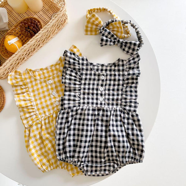 Newborn Baby Girls Lattice Color Matching Romper with Head Band Baby Boutique Clothing Wholesale