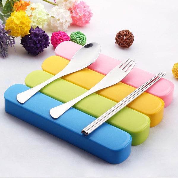2pcs Kids Portable Tableware Stainless Steel Set Travel Fork Spoon Chopsticks Wholesale