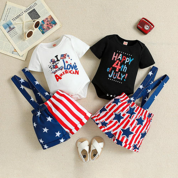 INS Spring/Summer New Children's Independence Day Set Short Sleeve Romper+Striped Strap Shorts Two Piece Set Baby Wholesale Boutique