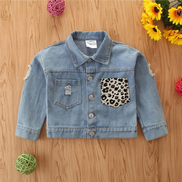 Toddler Girls Long Sleeve Top Leopard Print Western Style Denim Jacket Wholesale Girls Clothes