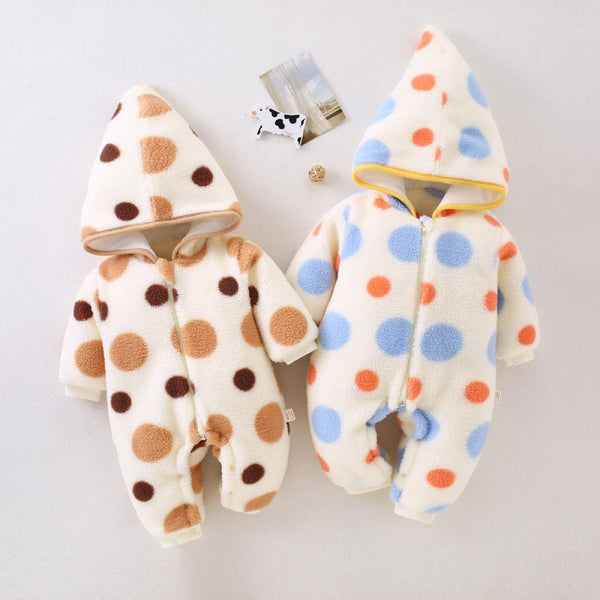 Winter Warm Thicken Hooded Boys And Girls Polka Dot Zipper Jumpsuit Wholesale Baby Clothes