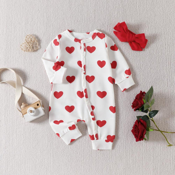 Spring Baby Valentine's Day Heart Romper + Hairband Set Wholesale Baby Clothes