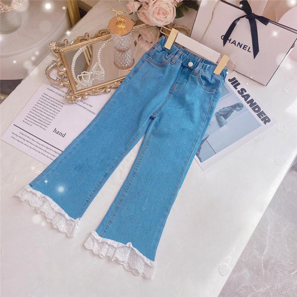 Toddler Girls Jeans Autumn Lace Hem Micro-Flare Denim Trousers Wholesale