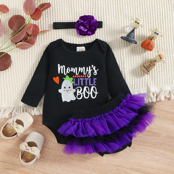 Halloween Autumn and Winter Cartoon Printing Gauze Skirt Romper Three-piece Suit Wholesale Baby Clothes