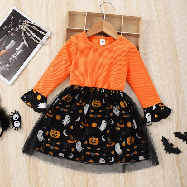 Orange Long Sleeve Halloween Skirt Children's Dress Wholesale Girls Dress