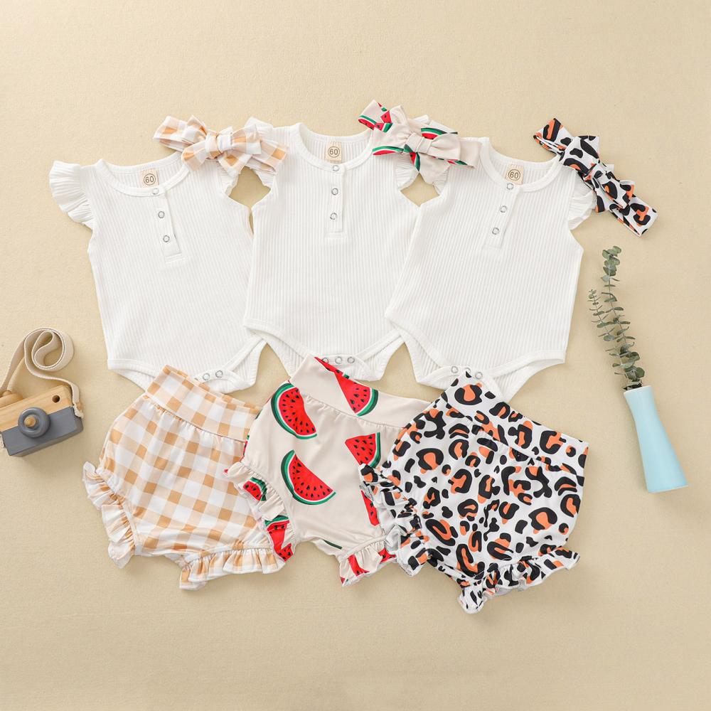 Newborn Baby Summer White Fly-sleeve Top + Print Shorts + Headband Three-piece set Wholesale Baby Clothes
