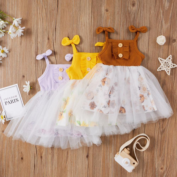 Spring And Summer New Girls Pit Bow Suspender Printed Dress Wholesale Girls Dress
