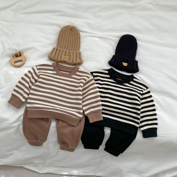 Spring Baby Suit For Boys And Girls Color Matching Striped Waffle Long Sleeve Top Pants Set Wholesale