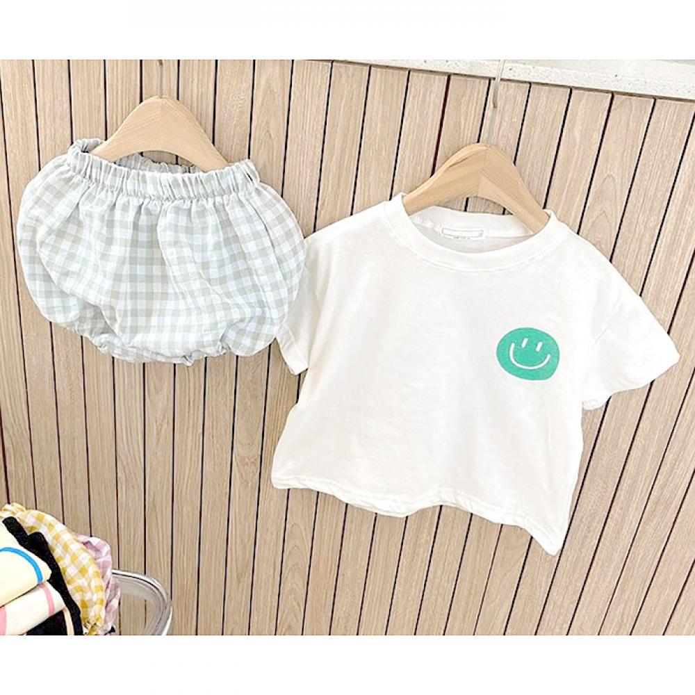 Neutrals Unisex Newborn Baby Boys Girls Short Set Summer Smile Face T-shirt And Plaid Shorts Wholesale Clothing Baby