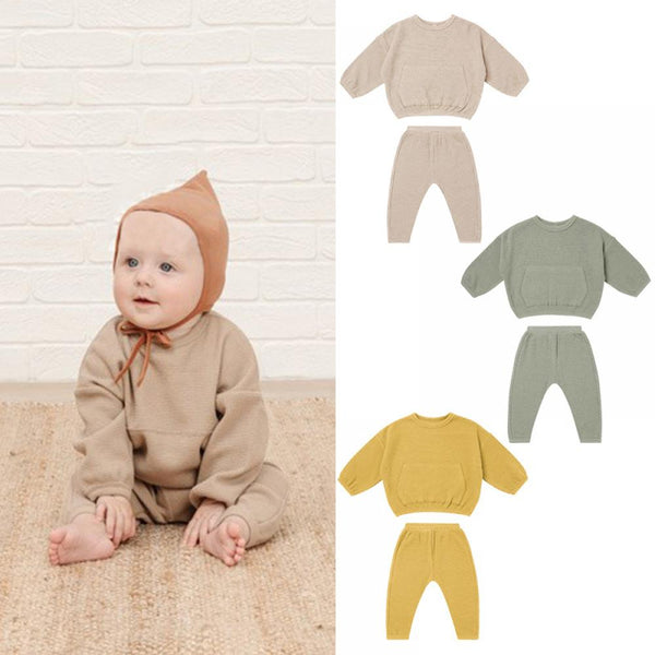 Boys and Girls Autumn Solid Color Waffle Pocket Long Sleeve Sweater Set Wholesale Baby Clothes