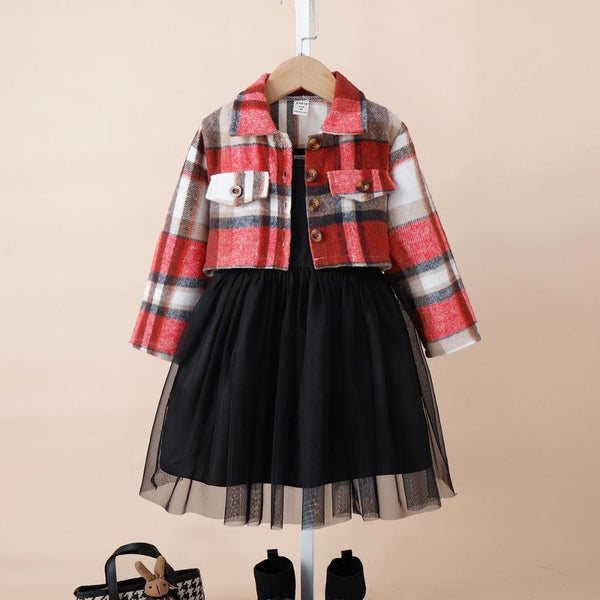 Children's Clothing Autumn Fashion Mesh Dress Plaid Button Coat Children's Suit Wholesale Girls Clothes