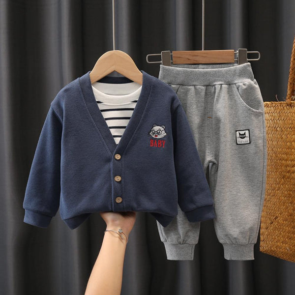 Boys Autumn Cartoon Cardigan Stripe Top and Pants Set Wholesale Toddler Boy Clothes