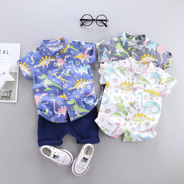Toddler Boys Sets Summer New Dinosaur Printed Short-sleeves And Navy Blue Shorts Two-piece Set Wholesale Toddler Boy Clothing