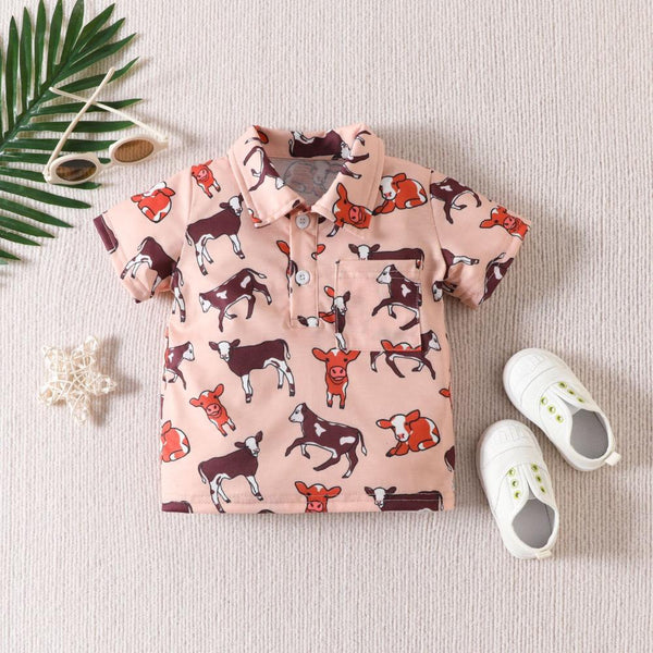 Children's Clothing Boys Summer Short Sleeve Jacket Animal Printing Lapel Flip Children's T-shirt Wholesale