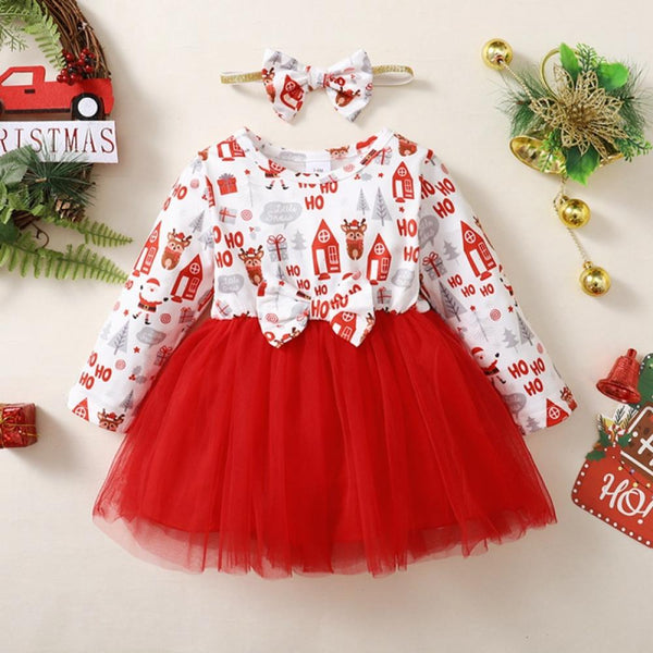 Christmas Baby Girls Elk Print Mesh Dress Wholesale Girls Dress