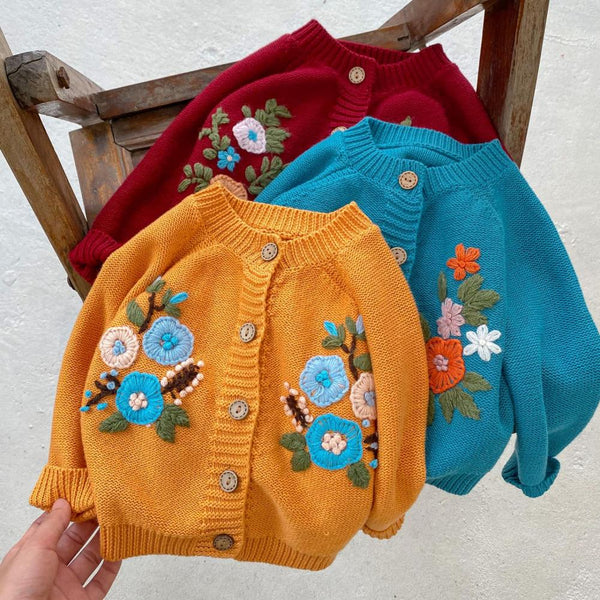 Spring Baby Girl Crewneck Hand Embroidered Knitted Cotton Long Sleeve Newborn Cardigan Jacket Wholesale