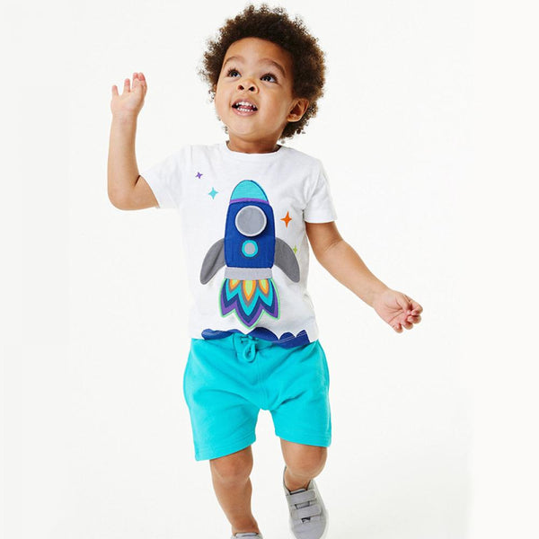 Children's Short Sleeve Summer Knitted Cotton Embroidery Boys Two Piece Set Wholesale Boys Clothes