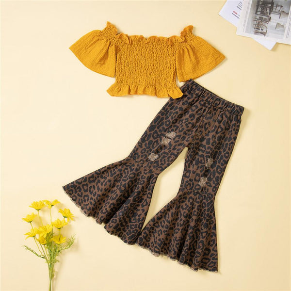 Toddler Girls Off-shoulder Top and Leopard Flared Pants Girl Boutique Clothing Wholesale