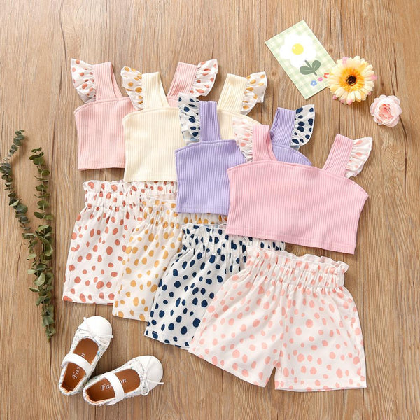 Summer Girls Suspender Polka Dot Shorts Two-piece Set Wholesale Girls Clothes