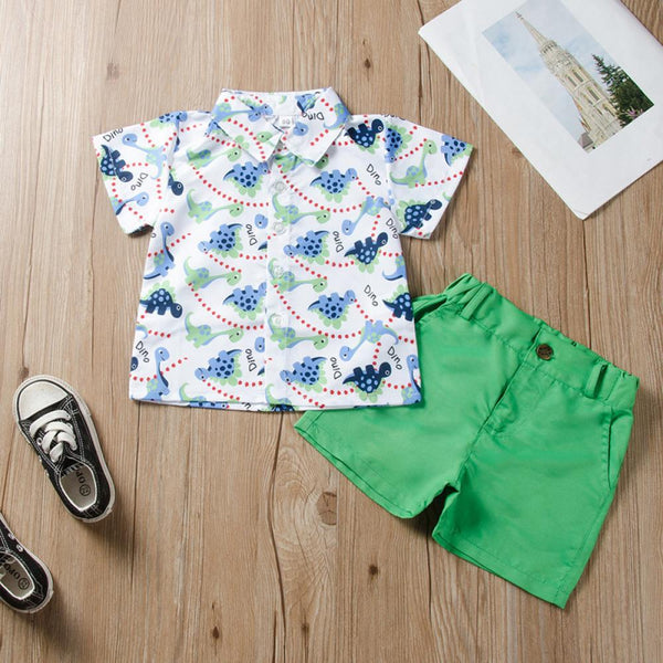 Summer Boy Cartoon Dinosaur Flower Shirt Shorts Set Wholesale Boys Clothes