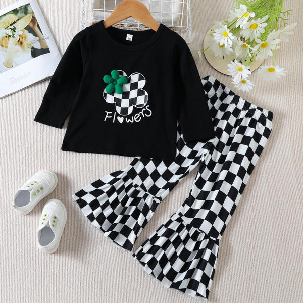 Girls Autumn Three-dimensional Flower T-Shirt Checkerboard Print Flared Pants Set Wholesale Girls Clothes