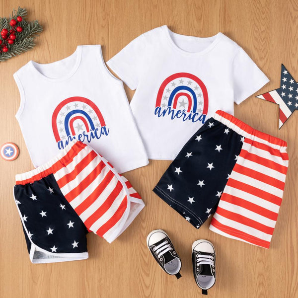Independence Day Girls Rainbow Print Vest Short Sleeve Top Shorts Two-Piece Set Wholesale Kids Clothes