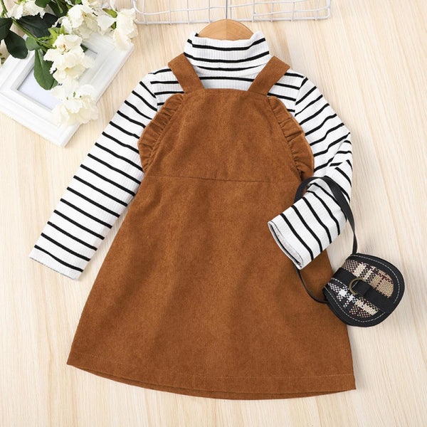 Striped Long Sleeve Brown Sling Midi Skirt Set Wholesale Girls Clothes