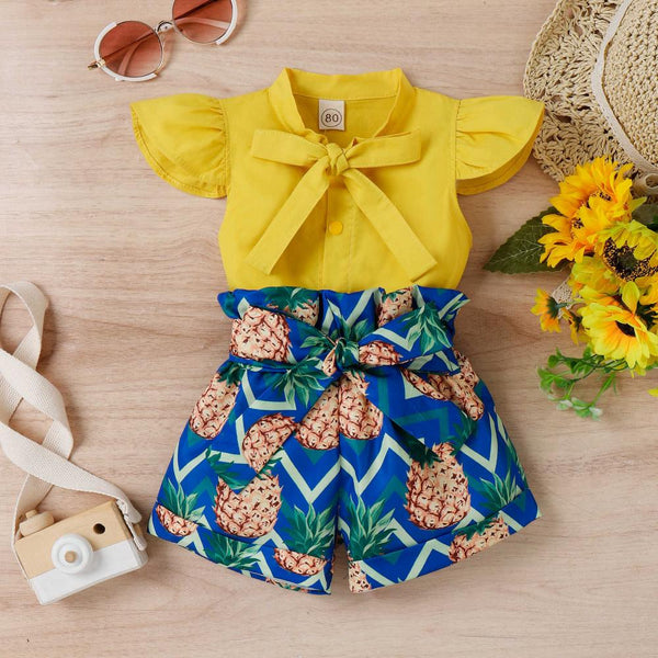 Collar Flying Sleeve Bow Coat Pineapple Printed Shorts Summer Girls Suit Wholesale