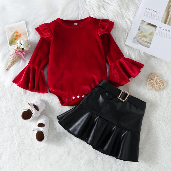 Christmas Girls Red Top Belt Leather Skirt Set Wholesale Girls Clothes