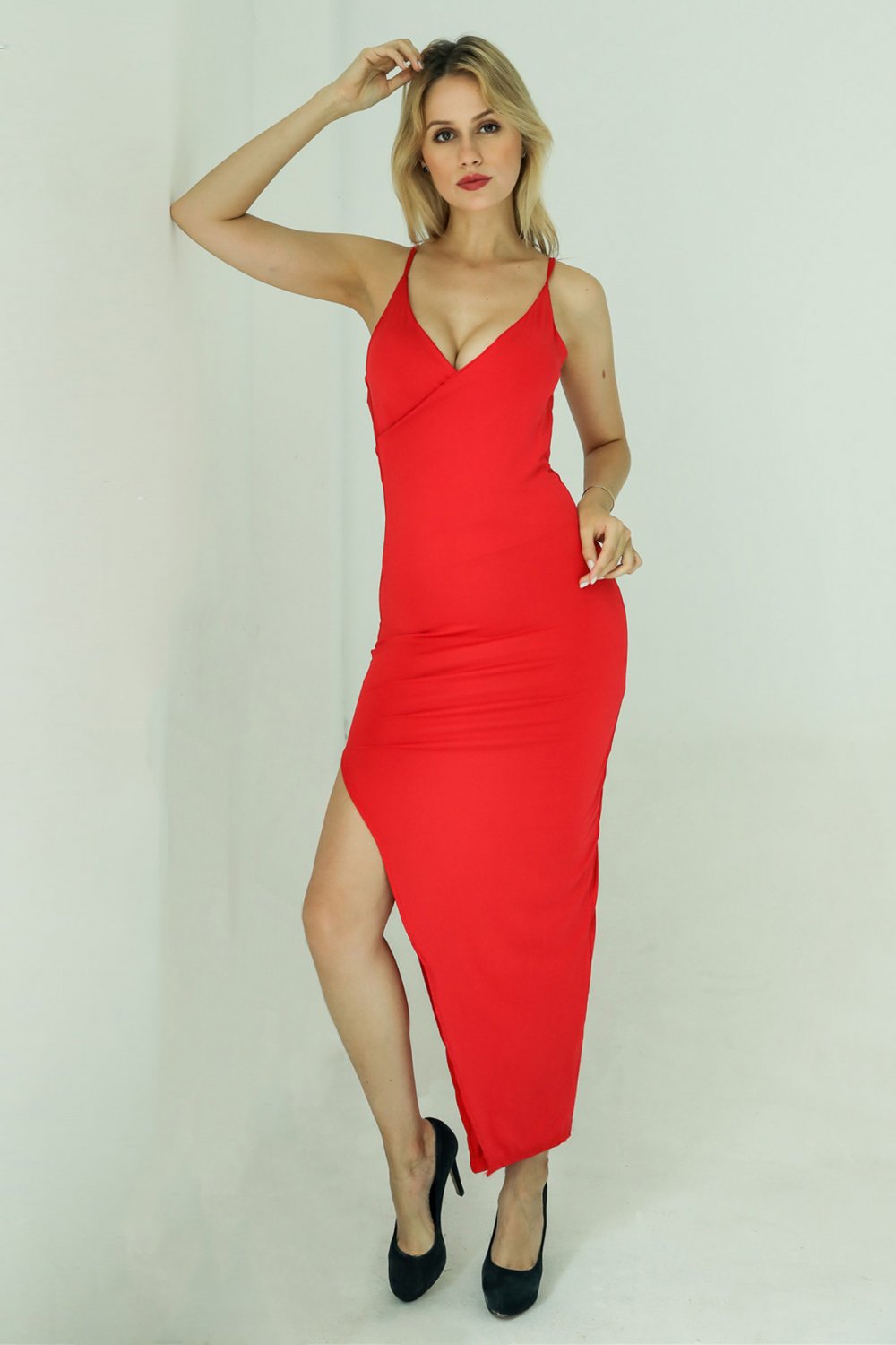 Women V-neck Sexy Slim Back Halter High Split Dress Wholesale